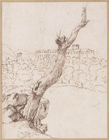 K VI 038
<br/>
Gezicht op Sant’Alessio aan de de Aventijn met een dode boom op de voorgrond
<br/>
<em>Onofri, Crescenzio (1634-1714)</em>